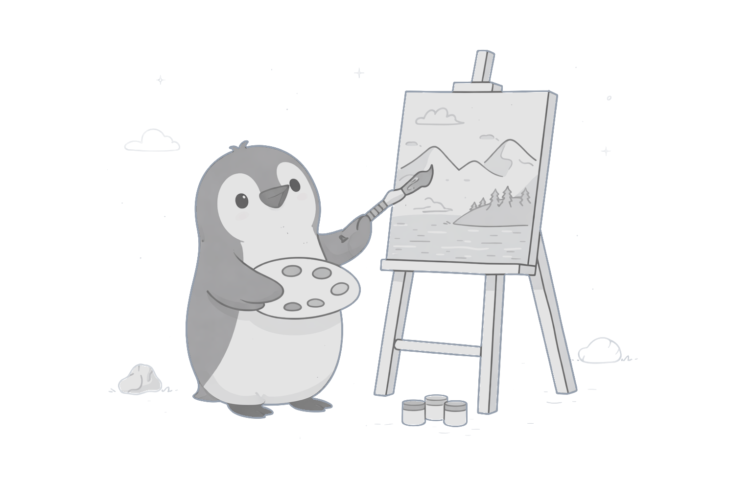 Fyka Notes mascot, a penguin painting at an easel
