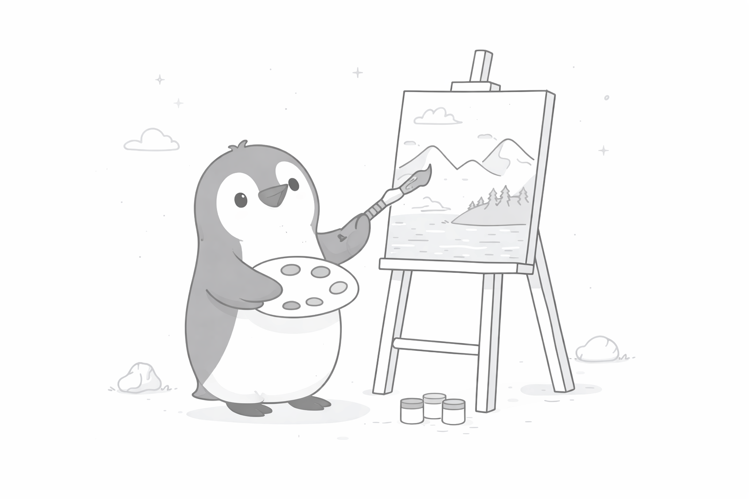 Fyka Notes mascot — a penguin painting at an easel